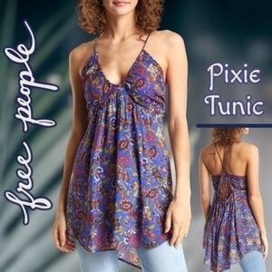 FREE PEOPLE Pixie Floral Open Back Halter-Deep-V Neckline Hi-Lo Tunic NWT/Lg